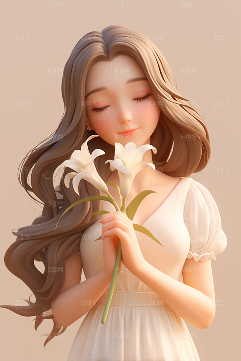 手捧鲜花的少女唯美青春素材