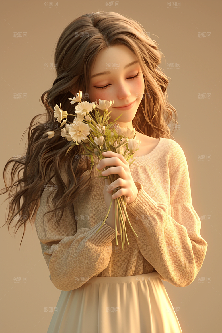 手捧鲜花的少女春天自然素材