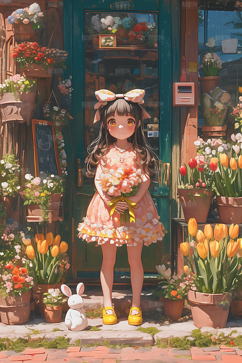 手捧鲜花的少女3D立体素材