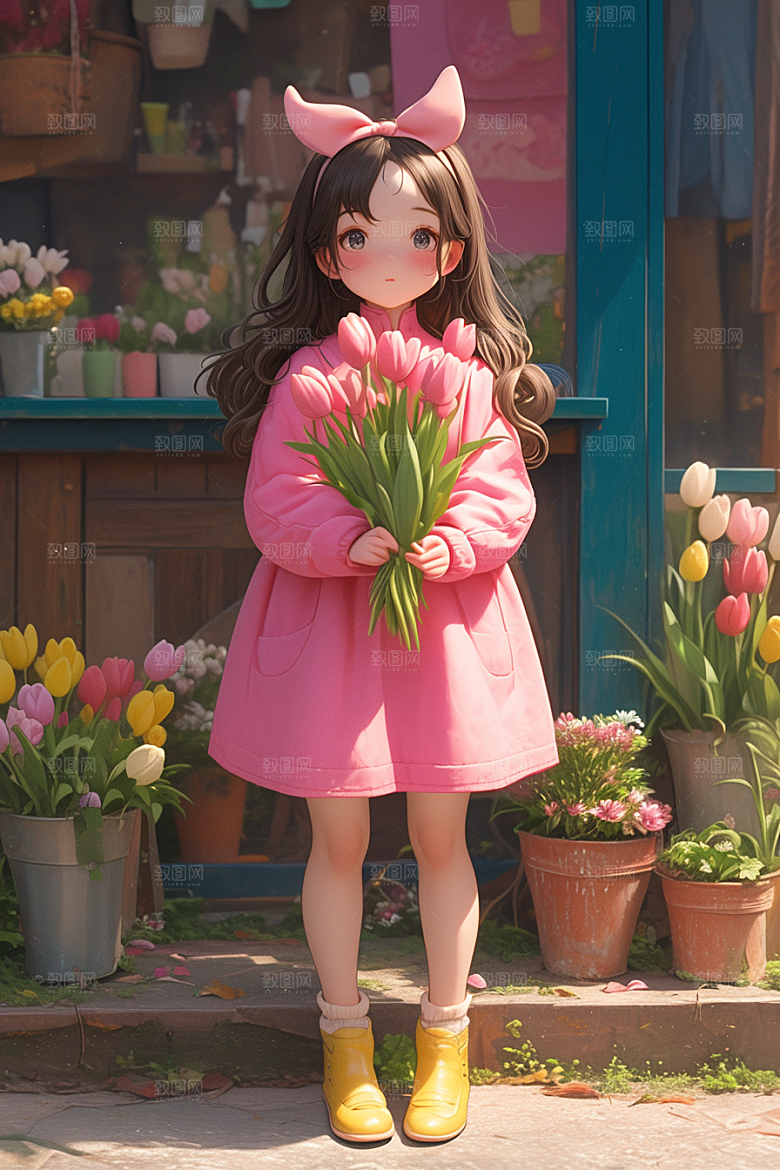 手捧鲜花的少女唯美自然素材