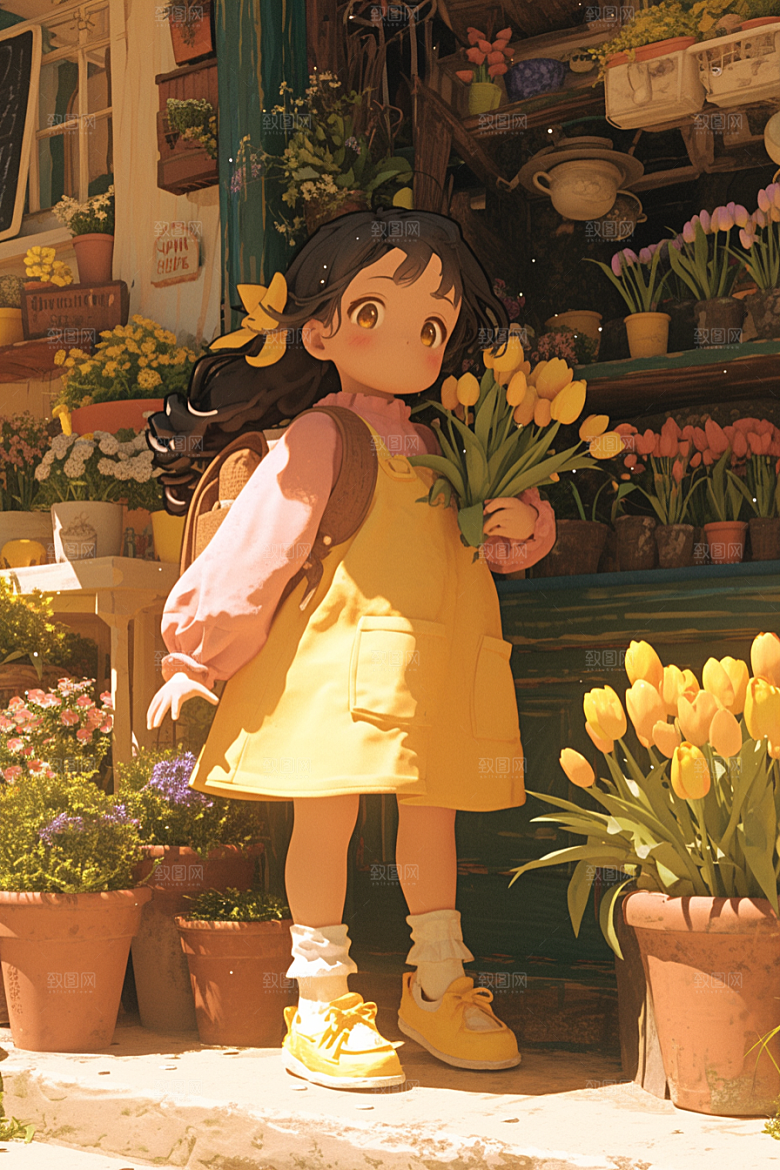 手捧鲜花的少女3D春天素材