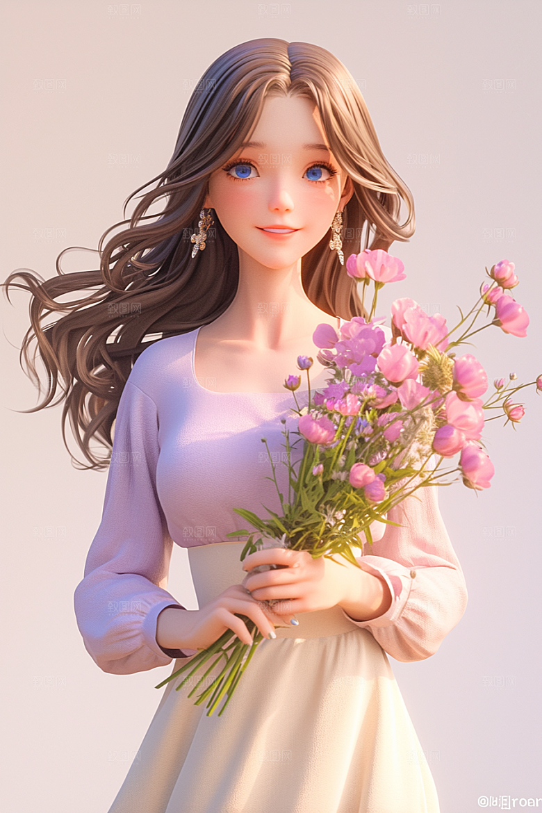 手捧鲜花的少女清新3D素材