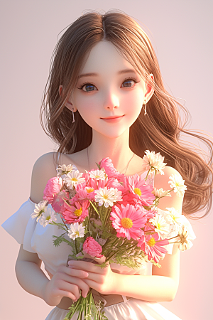 手捧鲜花的少女肖像青春素材