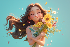 手捧鲜花的少女烂漫清新素材