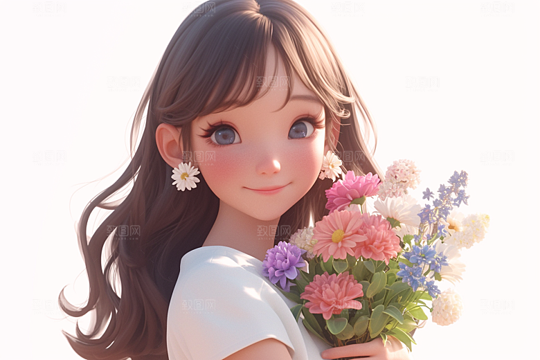 手捧鲜花的少女3D花朵素材