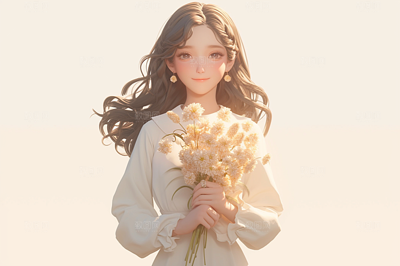 手捧鲜花的少女清新肖像素材