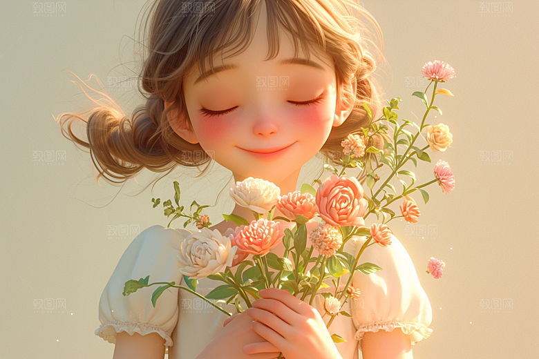 手捧鲜花的少女春天肖像素材