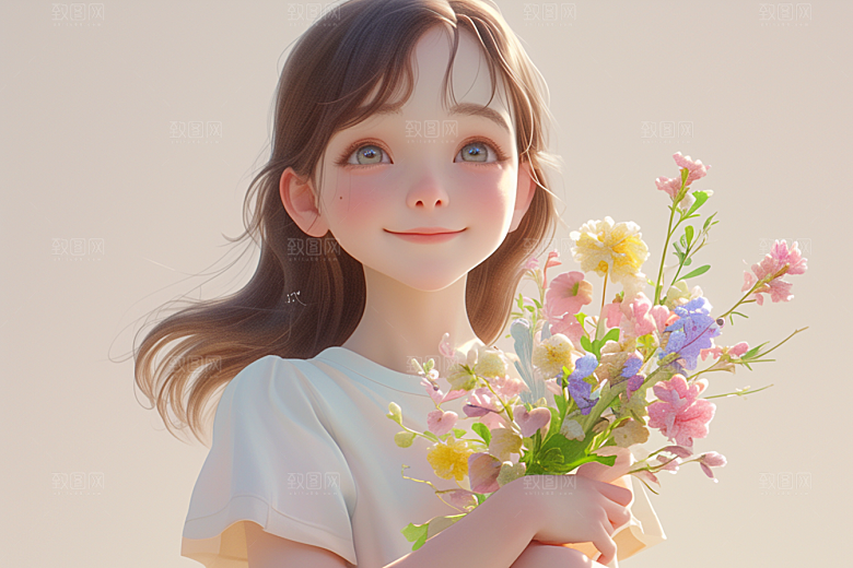 手捧鲜花的少女飞舞的裙摆肖像素材