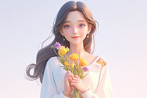 手捧鲜花的少女肖像烂漫素材