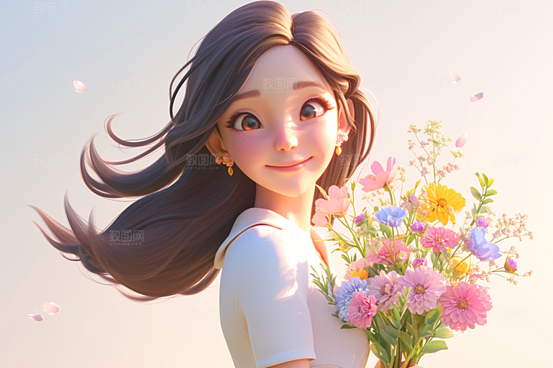 手捧鲜花的少女唯美自然素材