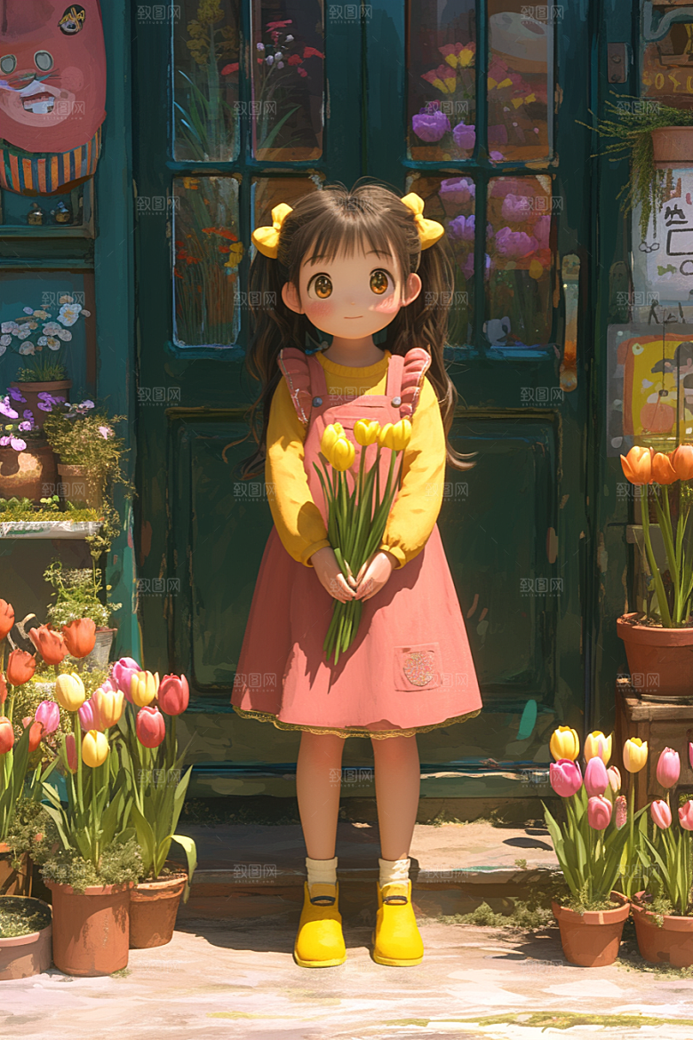 手捧鲜花的少女烂漫唯美素材