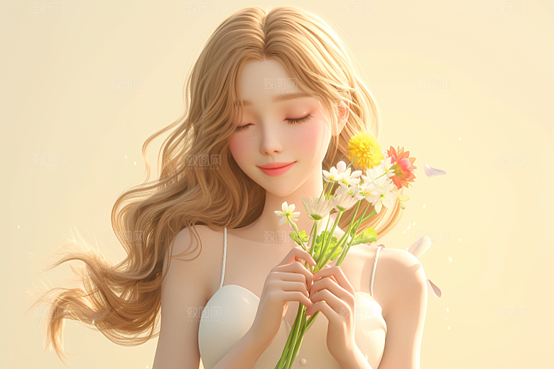 手捧鲜花的少女梦幻青春素材