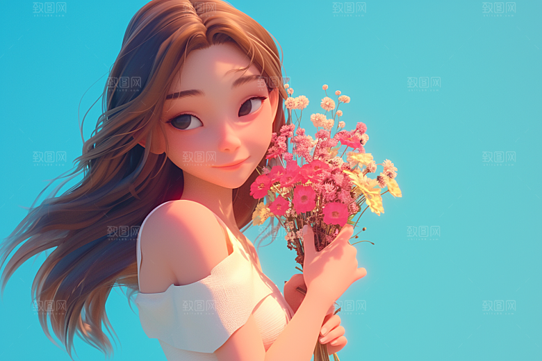 手捧鲜花的少女立体清新素材