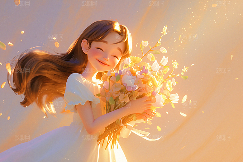 手捧鲜花的少女青春花朵素材