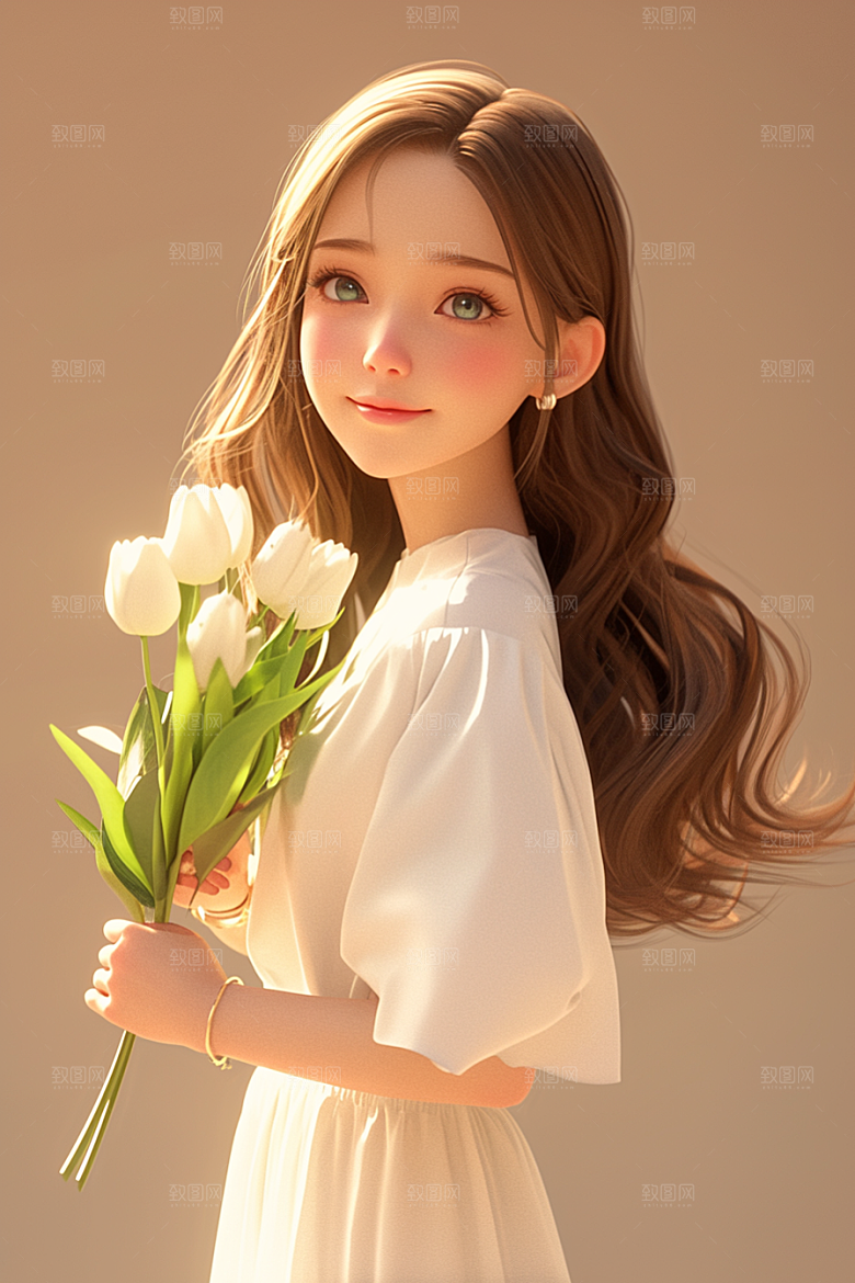 手捧鲜花的少女青春花朵素材
