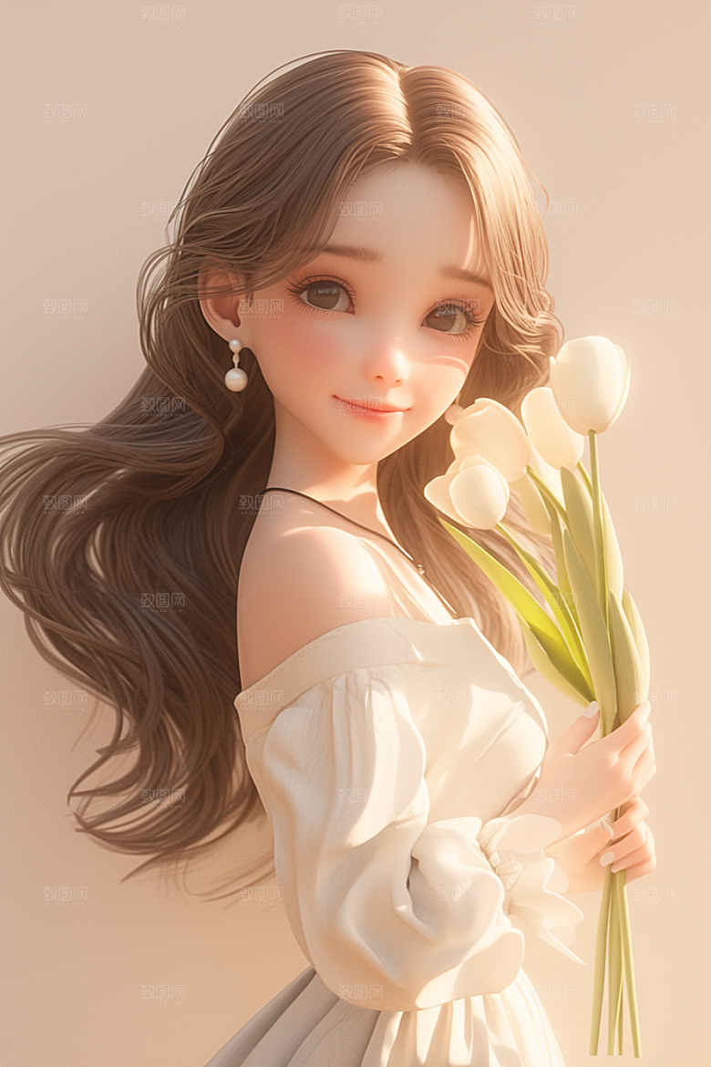 手捧鲜花的少女肖像梦幻素材