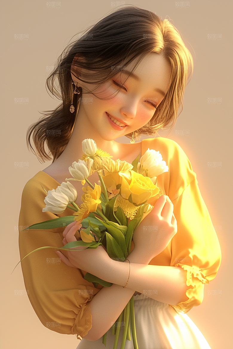 手捧鲜花的少女唯美立体素材