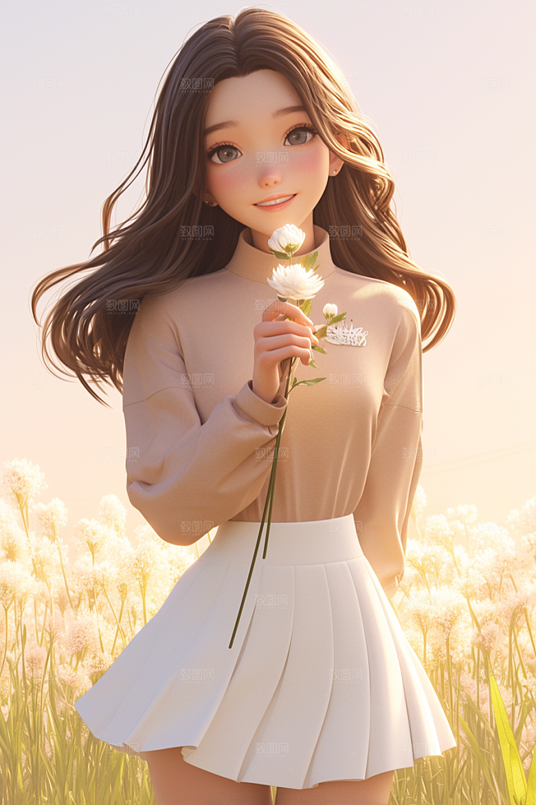 手捧鲜花的少女烂漫清新素材
