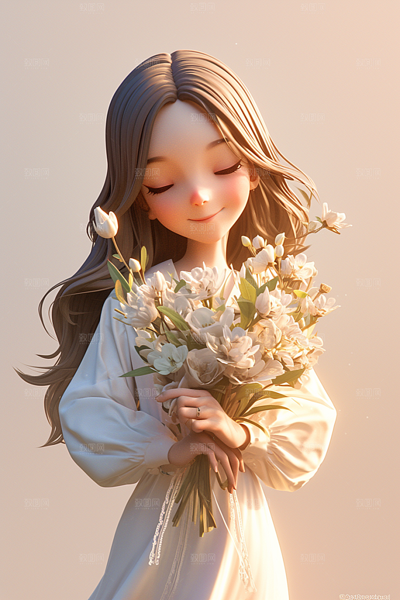 手捧鲜花的少女人物肖像素材