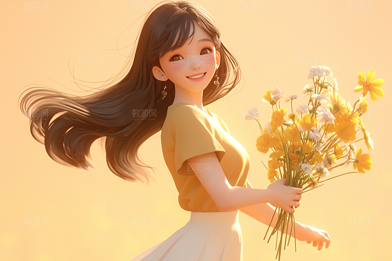 手捧鲜花的少女清新青春素材