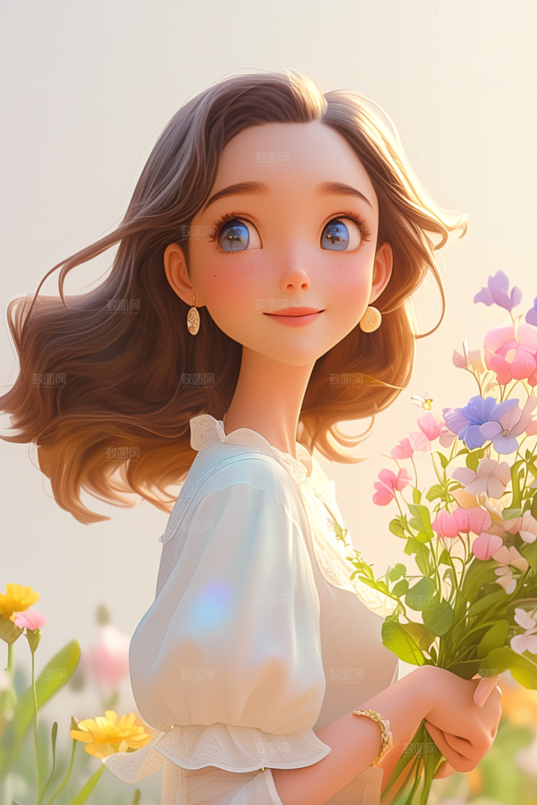 手捧鲜花的少女清新自然素材