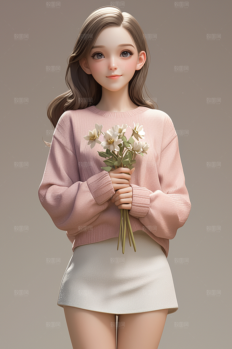 手捧鲜花的少女花朵唯美素材
