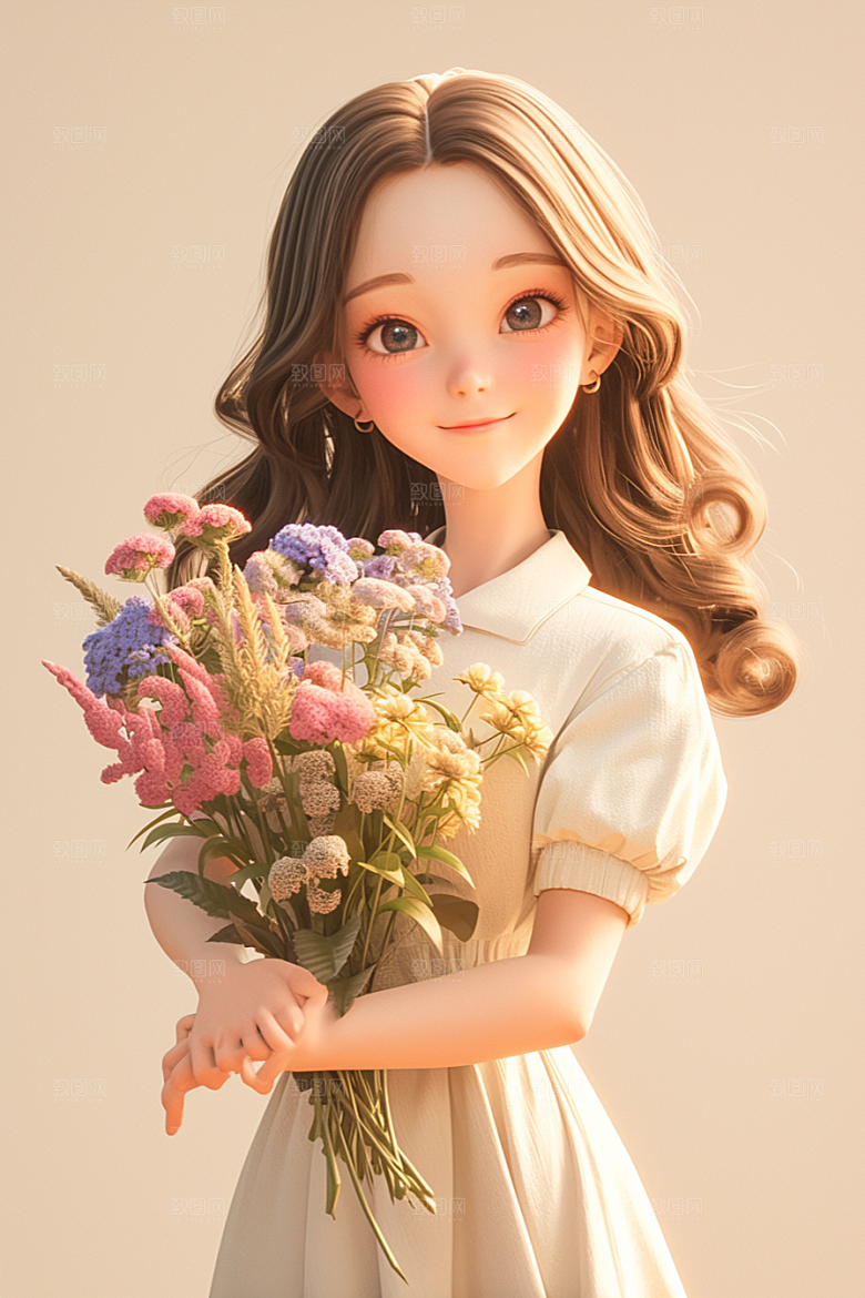 手捧鲜花的少女自然春天素材