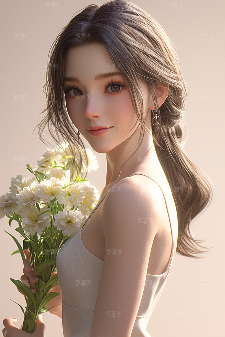 手捧鲜花的少女人物飞舞的裙摆素材