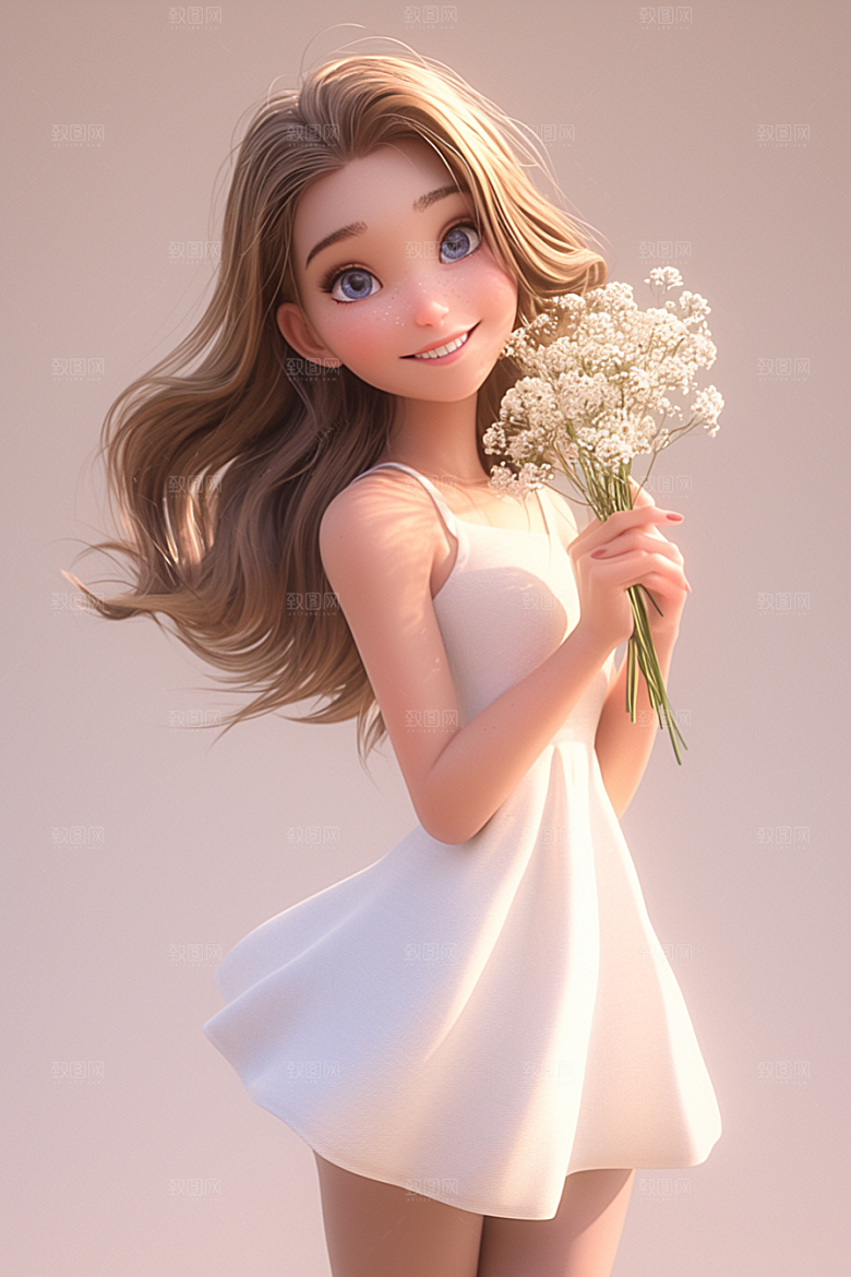 手捧鲜花的少女3D清新素材