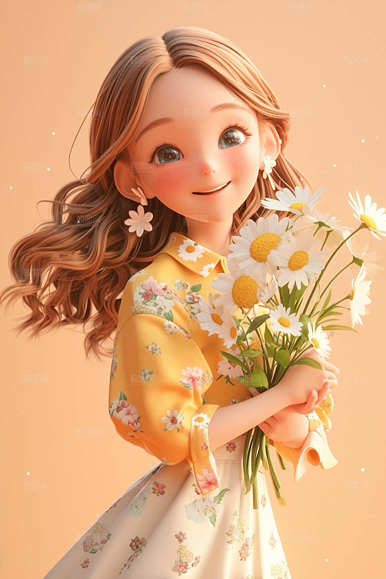 手捧鲜花的少女人物模型素材