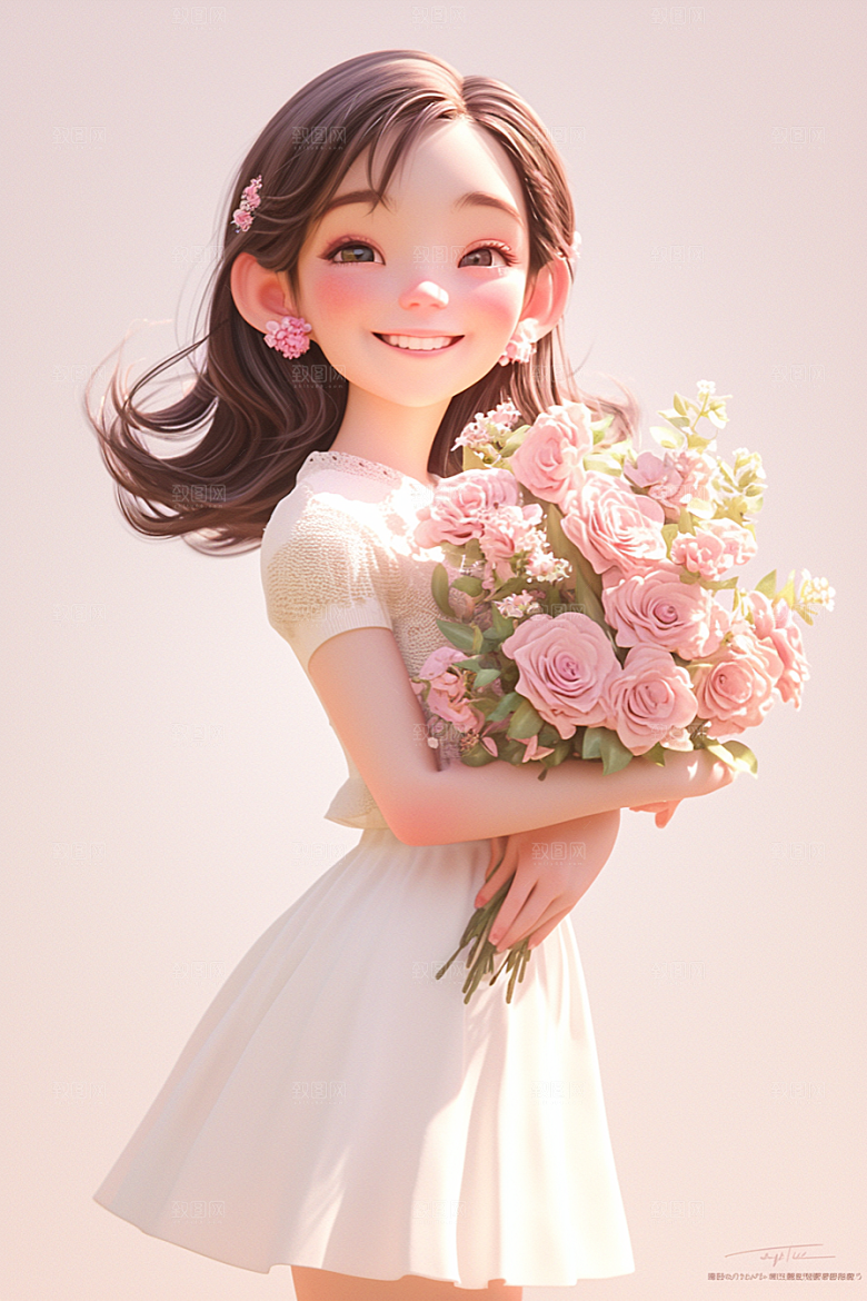 手捧鲜花的少女花朵梦幻素材