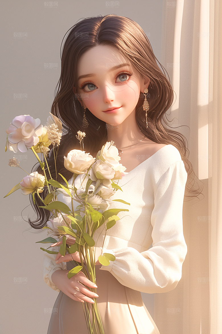 手捧鲜花的少女3D肖像素材