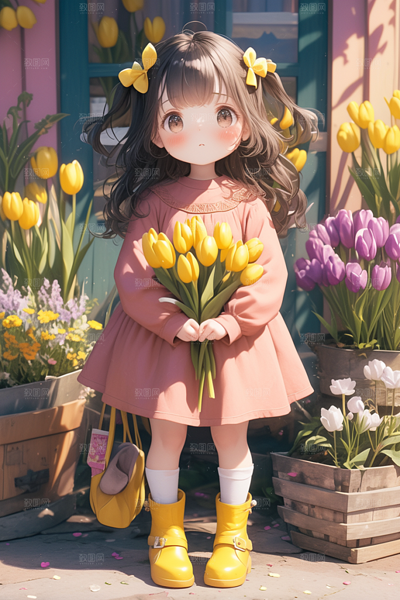 手捧鲜花的少女青春飞舞的裙摆素材