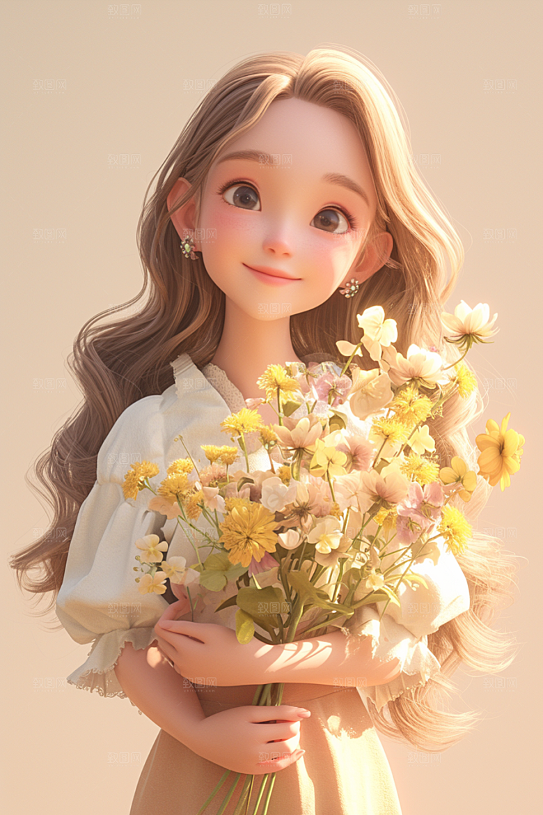 手捧鲜花的少女青春立体素材