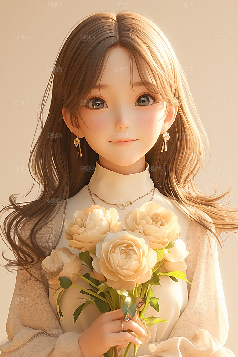 手捧鲜花的少女清新唯美素材