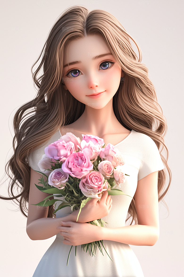 手捧鲜花的少女人物青春素材