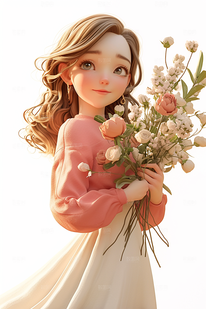 手捧鲜花的少女春天烂漫素材