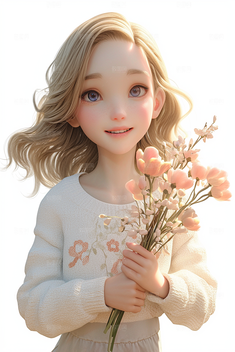 手捧鲜花的少女清新自然素材