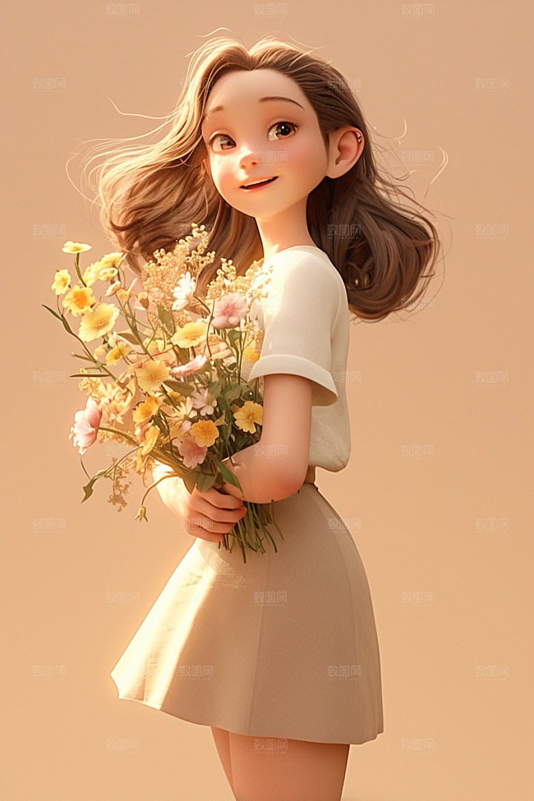 手捧鲜花的少女立体3D素材