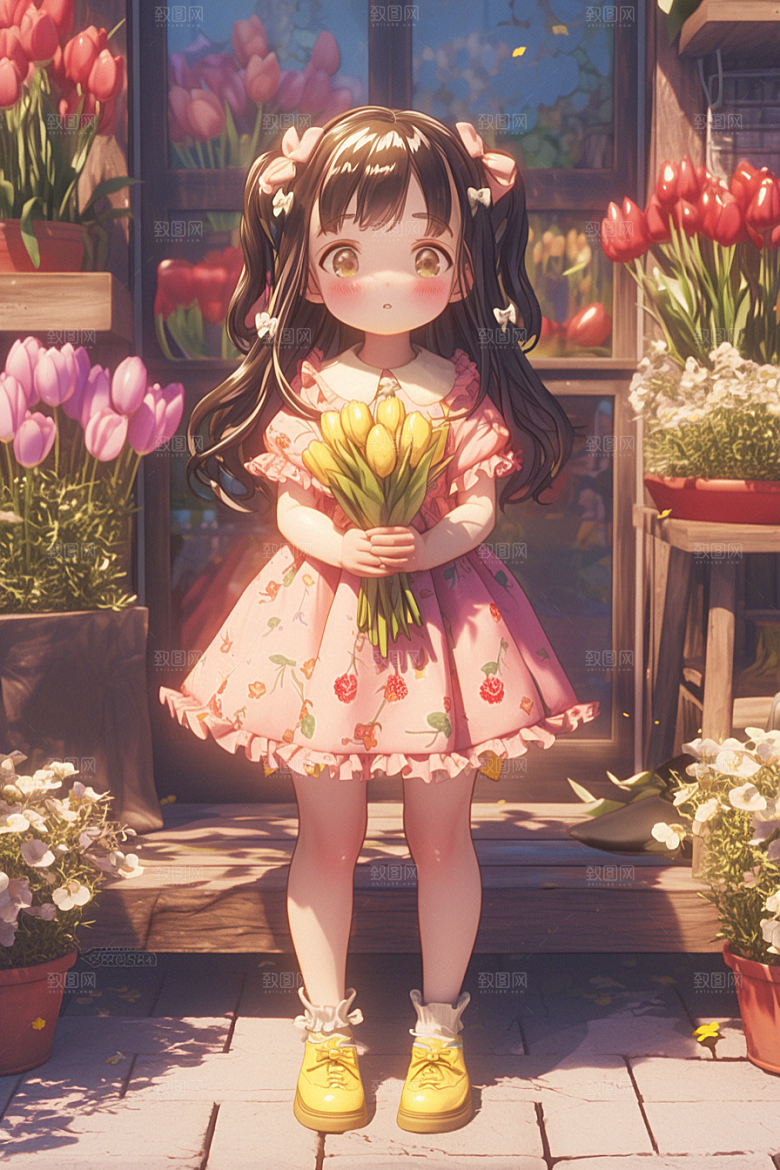 手捧鲜花的少女梦幻春天素材