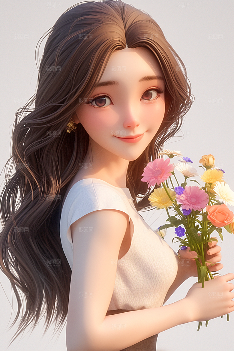 手捧鲜花的少女清新立体素材