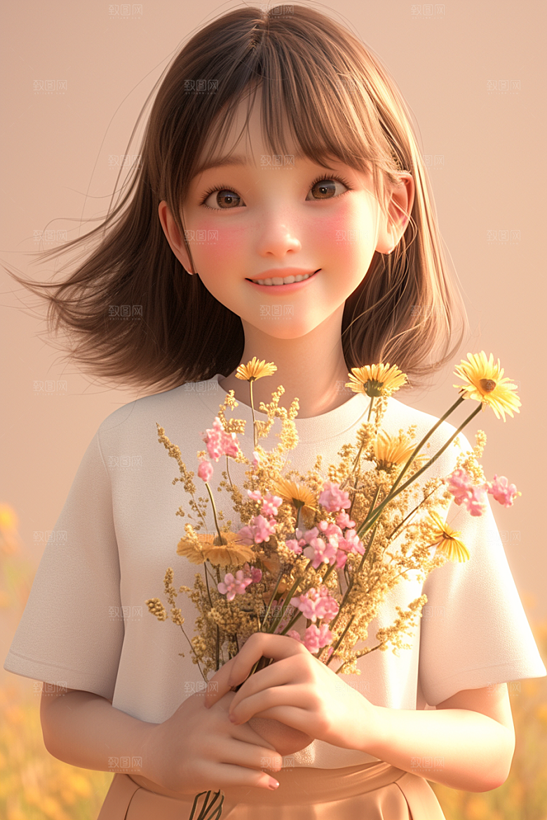 手捧鲜花的少女唯美肖像素材