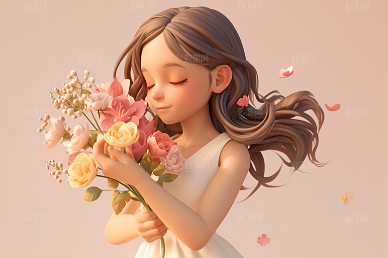 手捧鲜花的少女春天梦幻素材