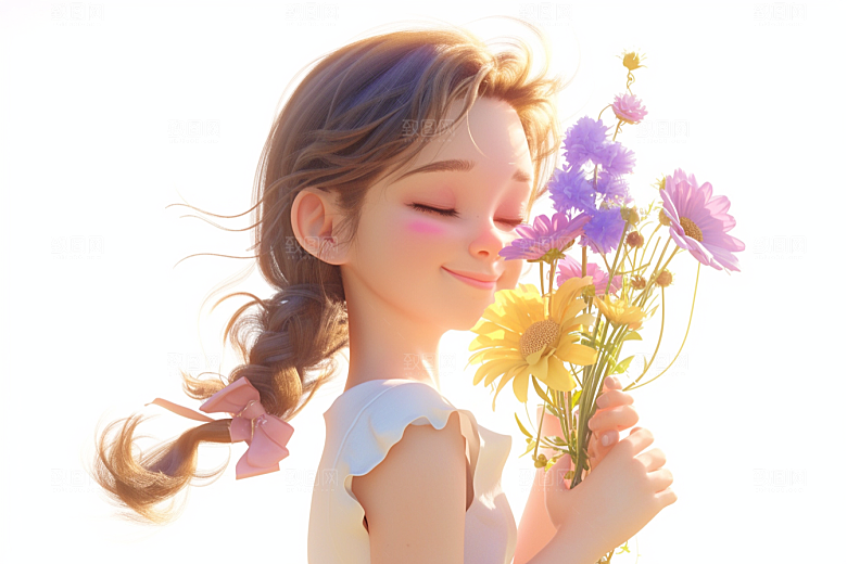 手捧鲜花的少女梦幻唯美素材
