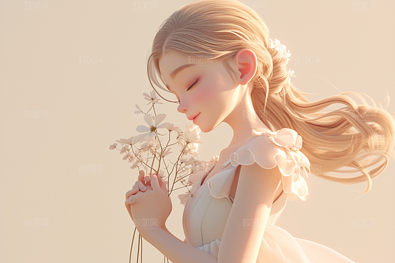 手捧鲜花的少女3D人物素材