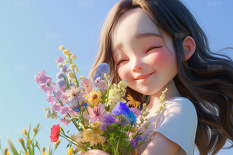 手捧鲜花的少女青春3D素材
