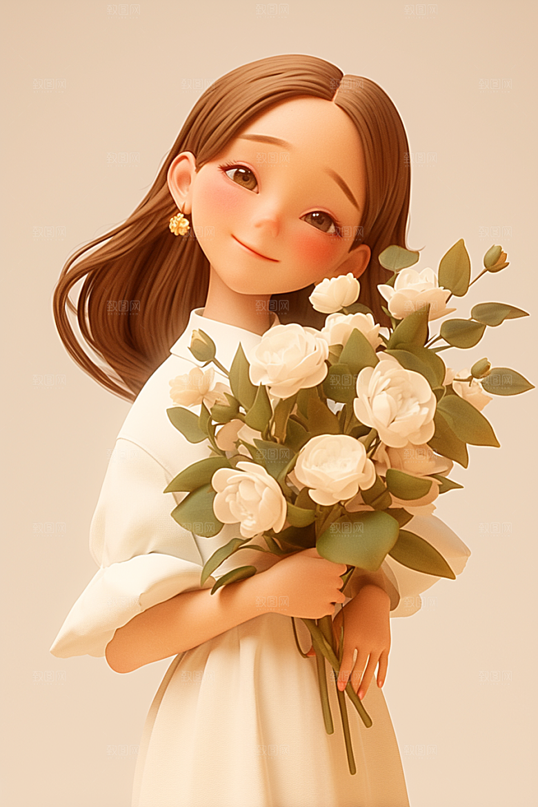 手捧鲜花的少女3D自然素材