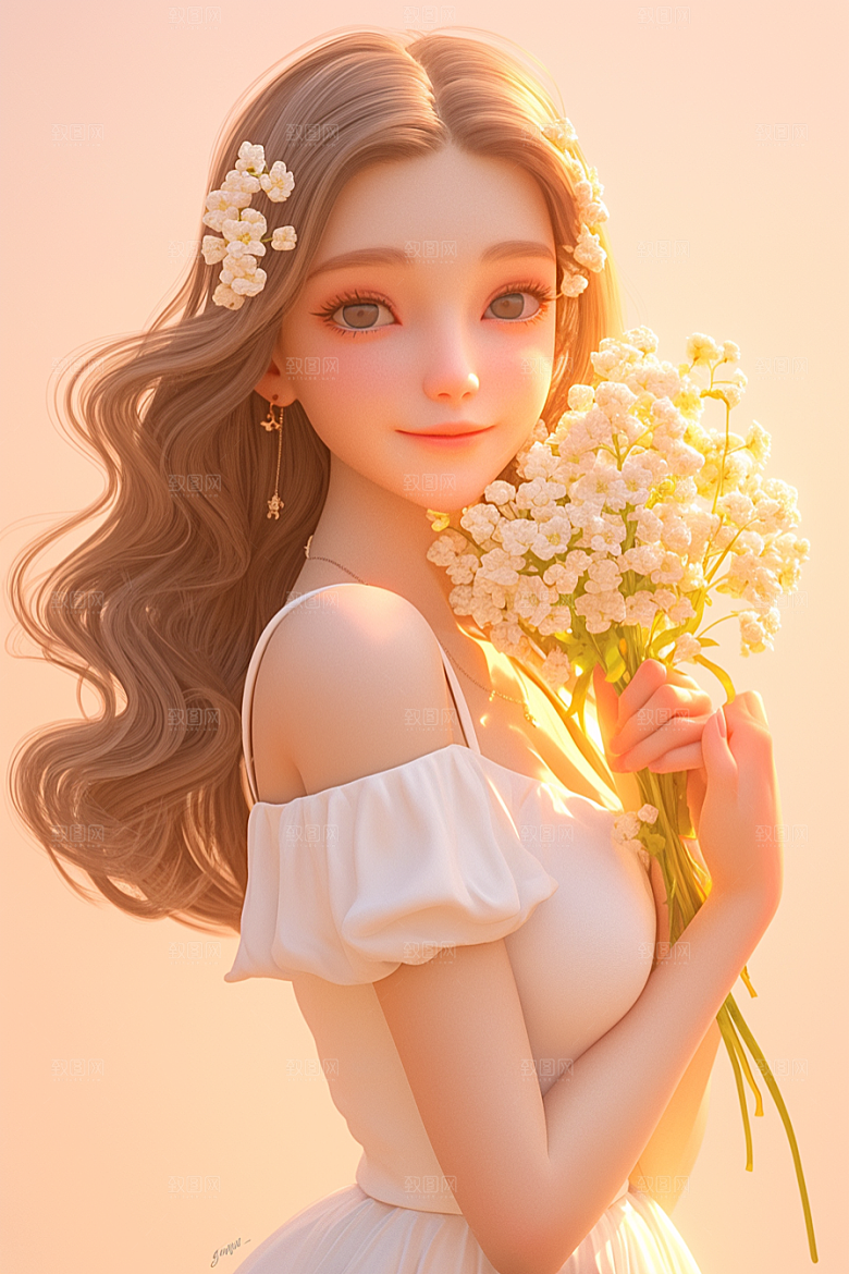 手捧鲜花的少女梦幻立体素材