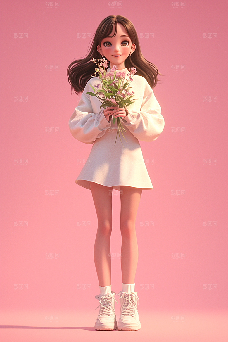 手捧鲜花的少女烂漫立体素材
