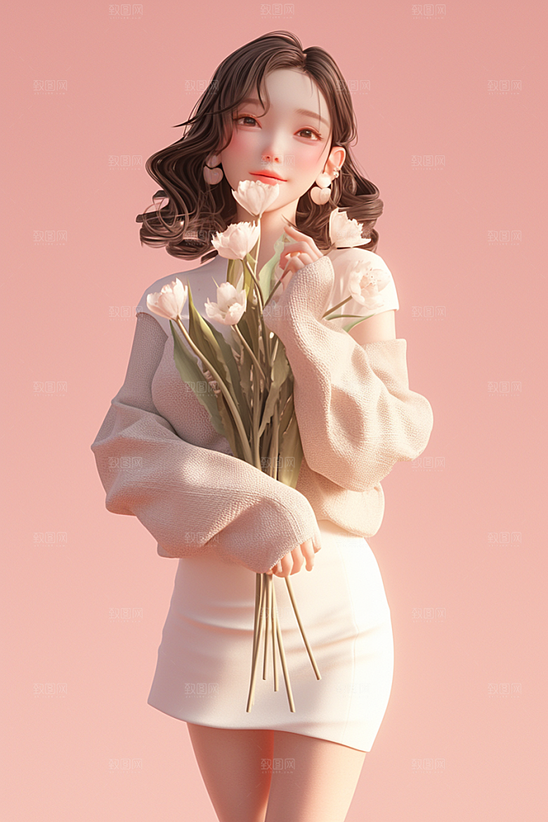 手捧鲜花的少女梦幻3D素材